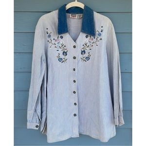 Striped Floral Embroidered Button-Down Top